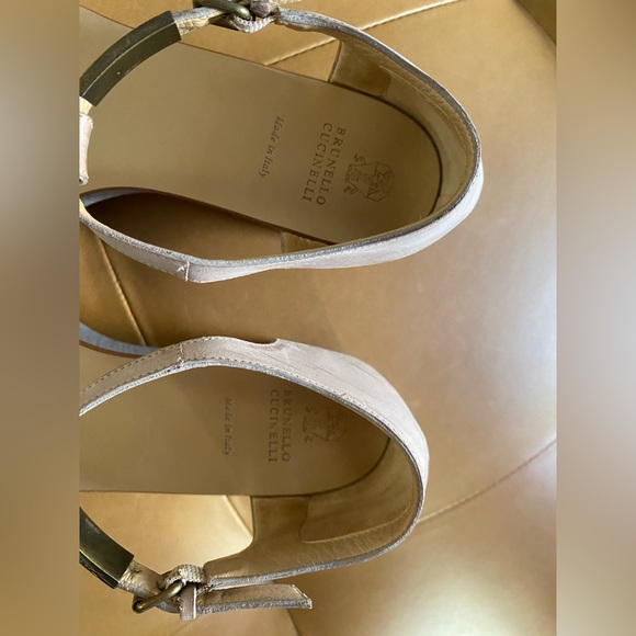 Brunello Cucinelli Platform T-Strap Sandals Gray Brown Size 36.5 Italian Wedge - Picture 6 of 13